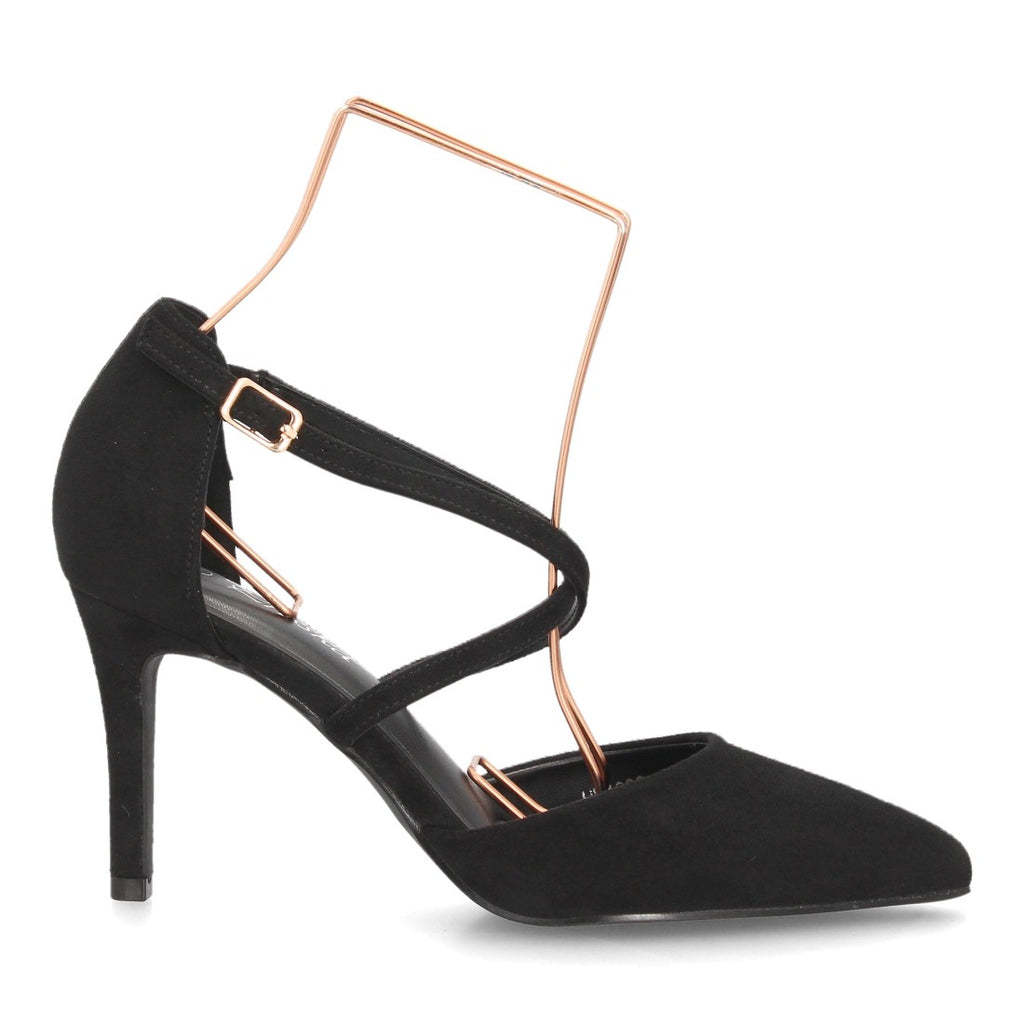 Zapatos de Tacón de Mujer con Tiras Cruzadas y Hebilla al Tobillo -Negro