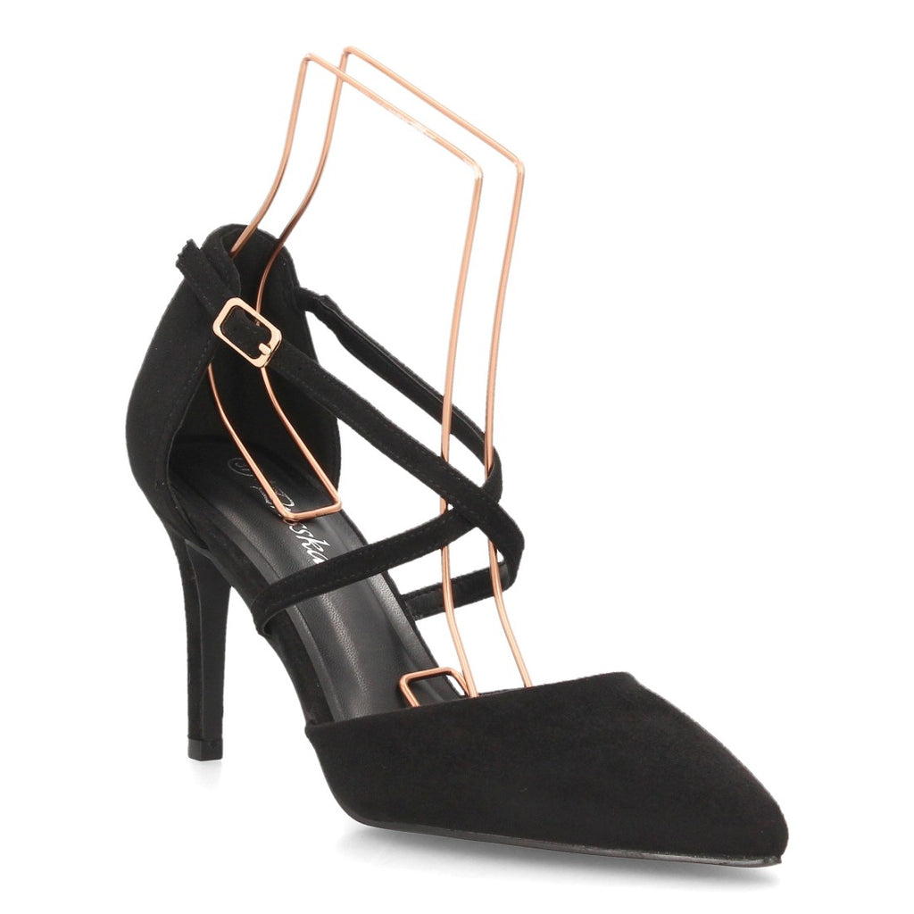 Zapatos de Tacón de Mujer con Tiras Cruzadas y Hebilla al Tobillo -Negro