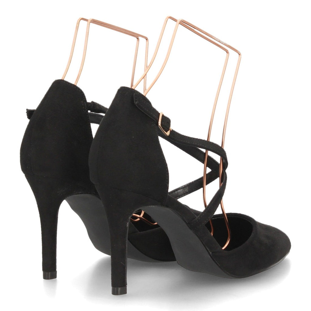 Zapatos de Tacón de Mujer con Tiras Cruzadas y Hebilla al Tobillo -Negro