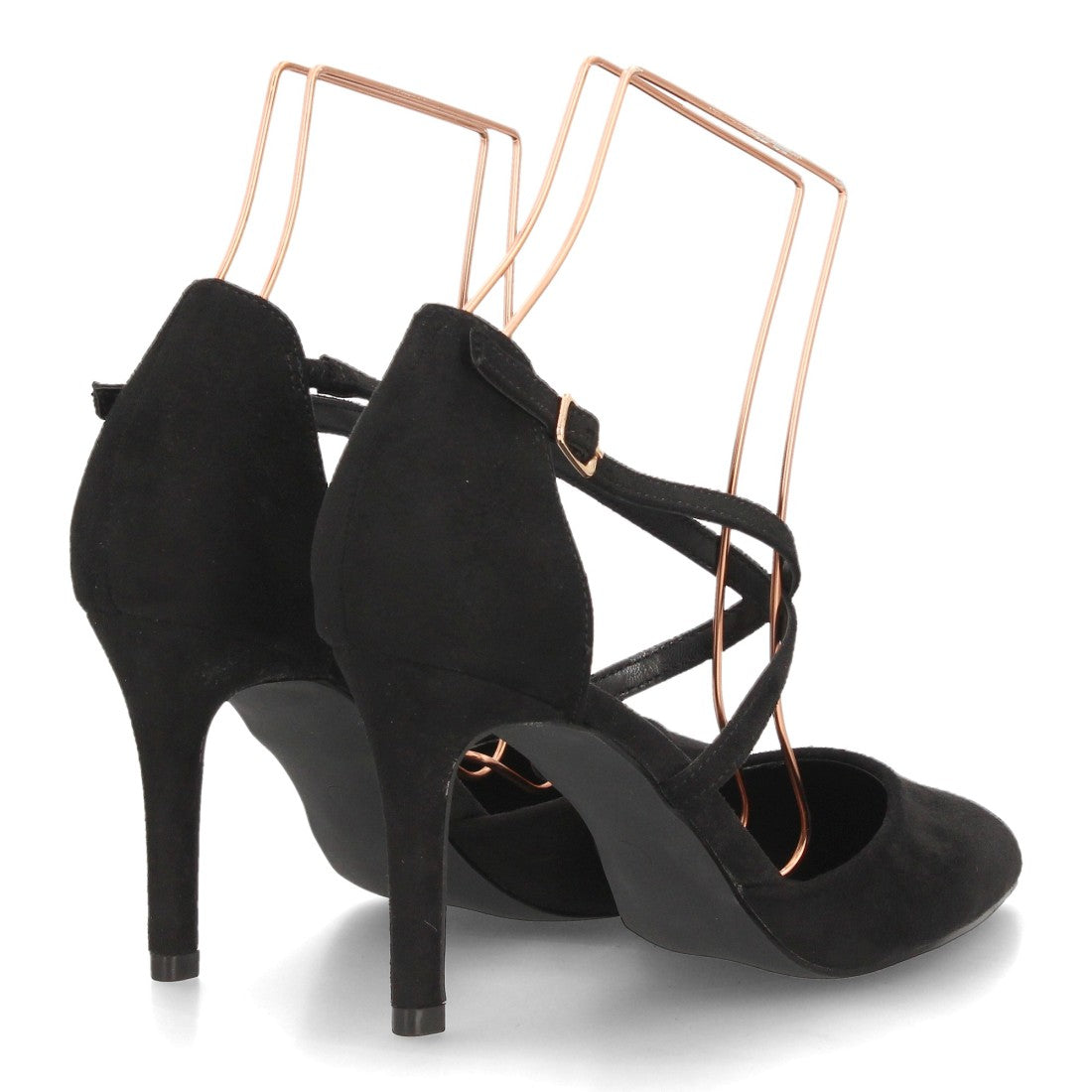 Zapatos de Tacón de Mujer con Tiras Cruzadas y Hebilla al Tobillo -Negro