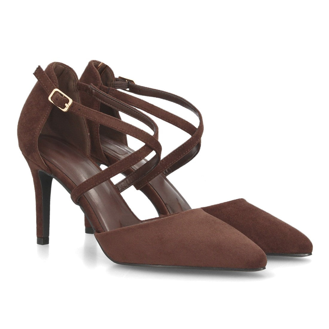 Zapatos de Tacón de Mujer con Tiras Cruzadas y Hebilla al Tobillo -Marron