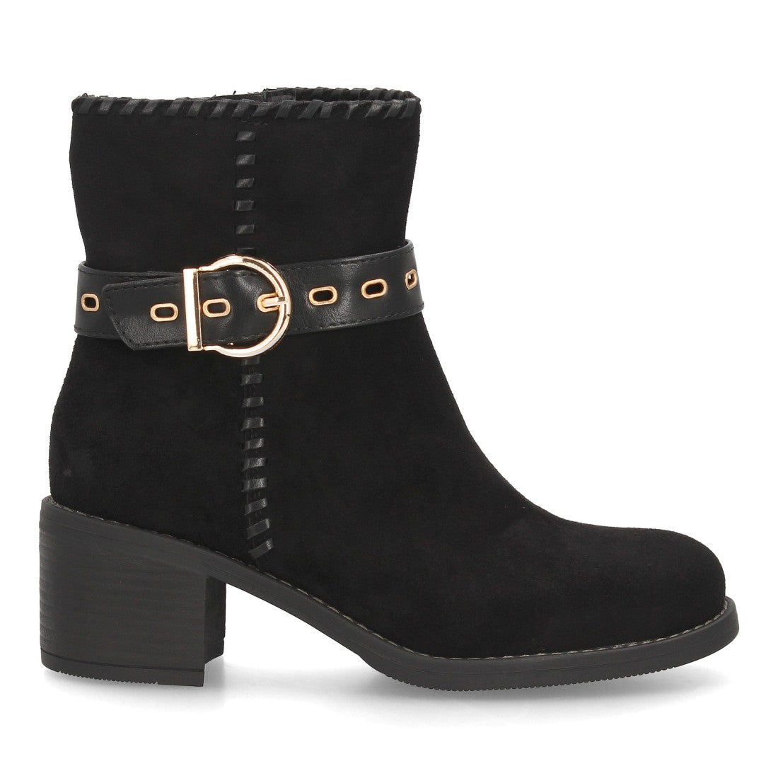 Botines Casual de Mujer con Tira, Hebilla y Ojales Decorativos -Negro