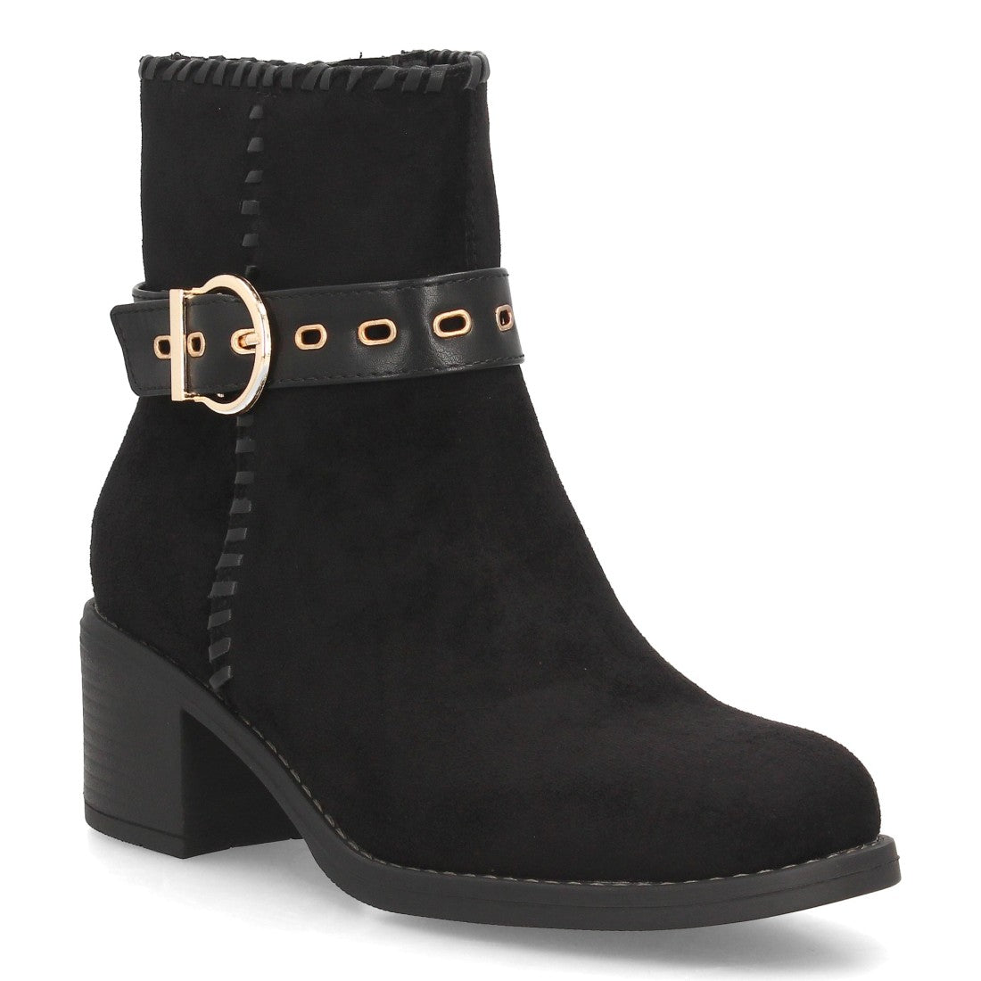 Botines Casual de Mujer con Tira, Hebilla y Ojales Decorativos -Negro