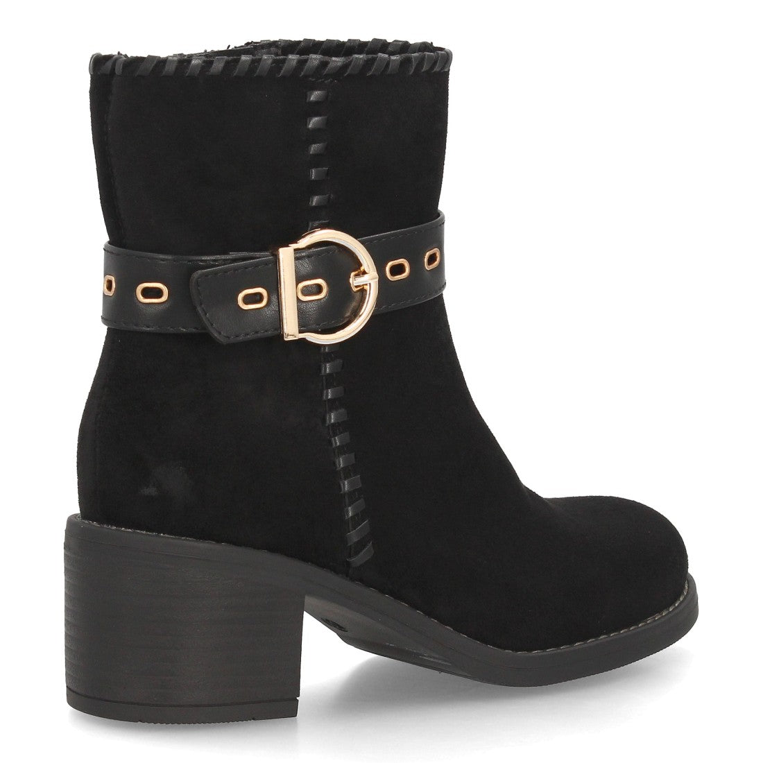 Botines Casual de Mujer con Tira, Hebilla y Ojales Decorativos -Negro