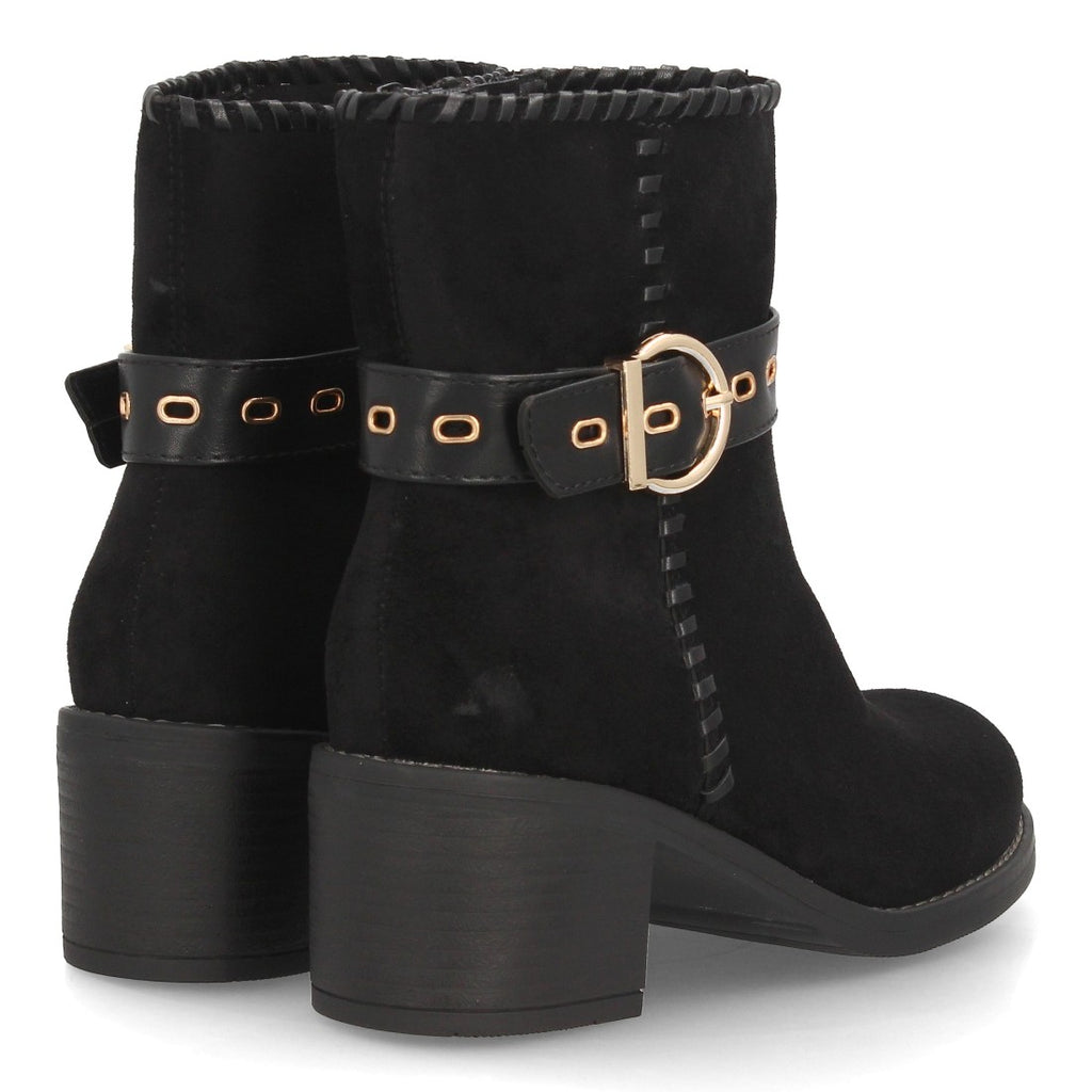 Botines Casual de Mujer con Tira, Hebilla y Ojales Decorativos -Negro