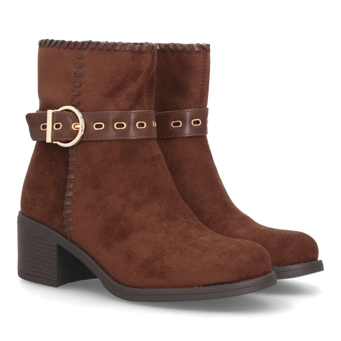 Botines Casual de Mujer con Tira, Hebilla y Ojales Decorativos -Marron