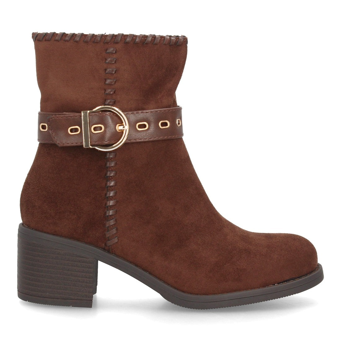 Botines Casual de Mujer con Tira, Hebilla y Ojales Decorativos -Marron