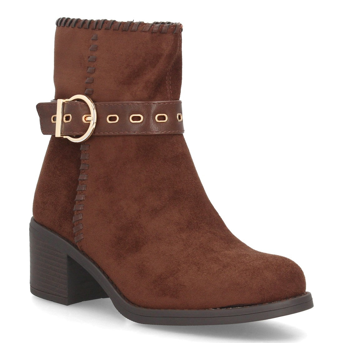 Botines Casual de Mujer con Tira, Hebilla y Ojales Decorativos -Marron
