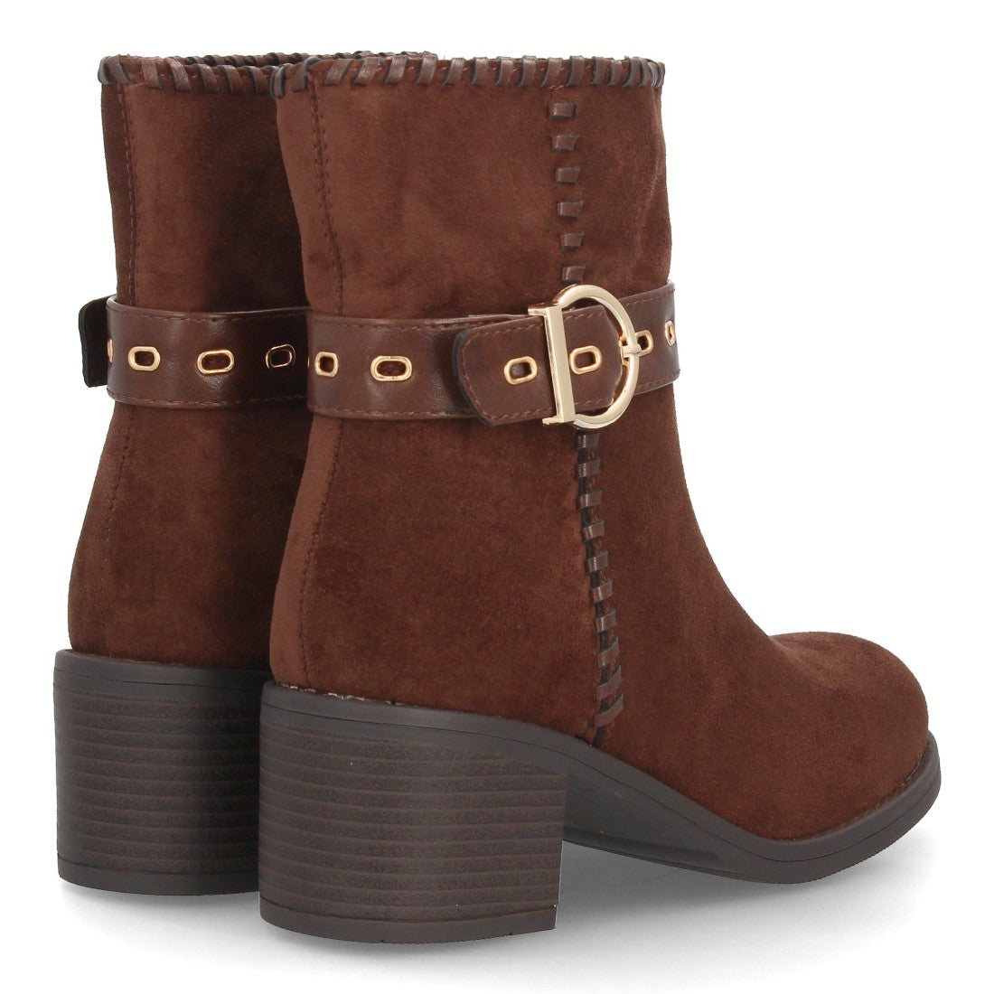 Botines Casual de Mujer con Tira, Hebilla y Ojales Decorativos -Marron