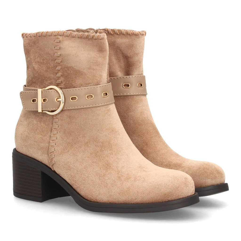 Botines Casual de Mujer con Tira, Hebilla y Ojales Decorativos -Kaki
