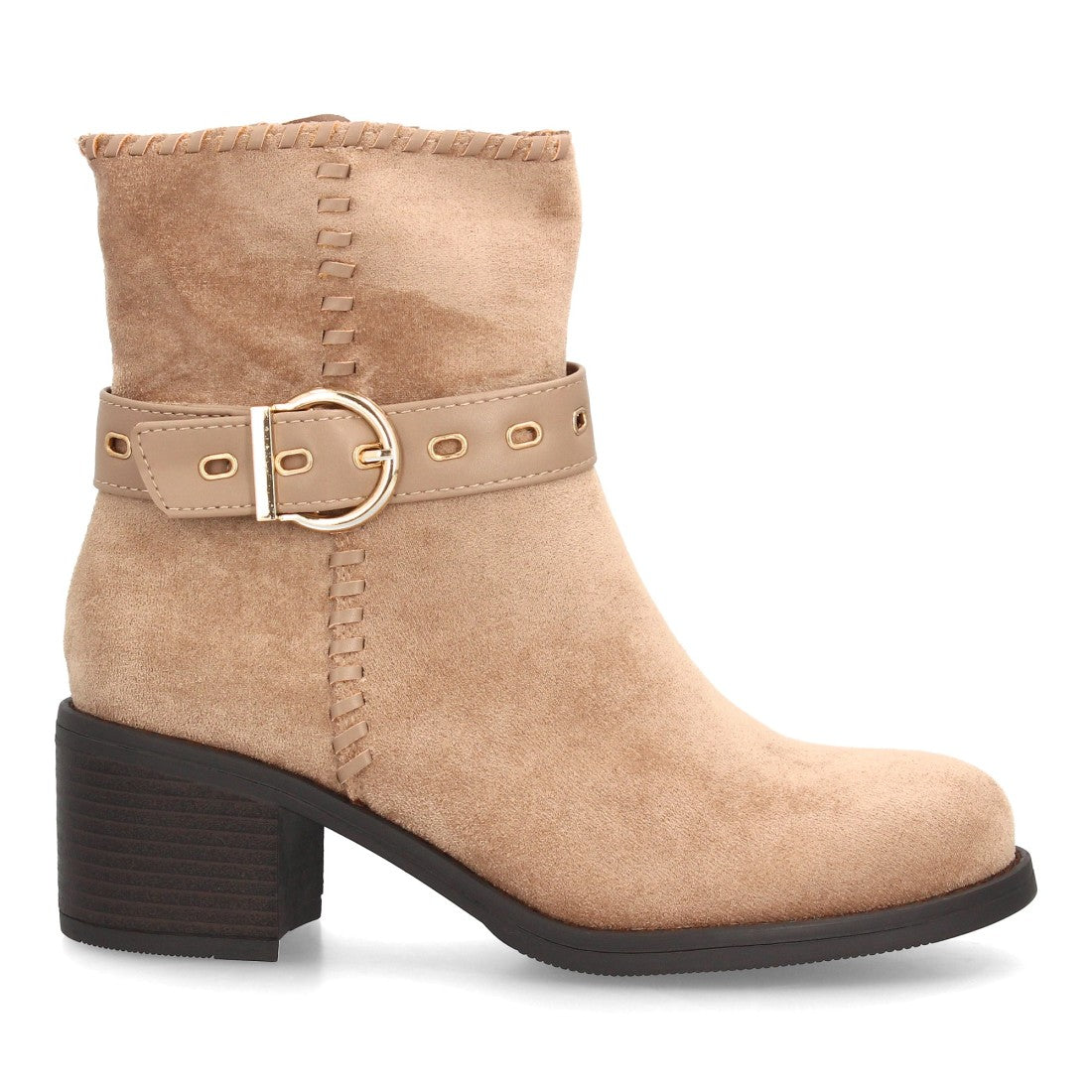 Botines Casual de Mujer con Tira, Hebilla y Ojales Decorativos -Kaki