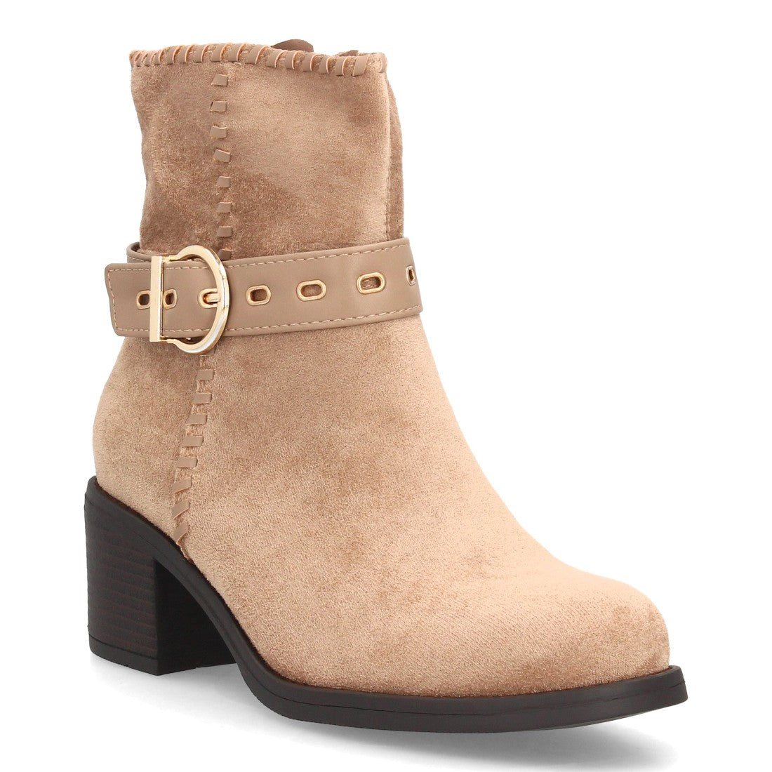 Botines Casual de Mujer con Tira, Hebilla y Ojales Decorativos -Kaki