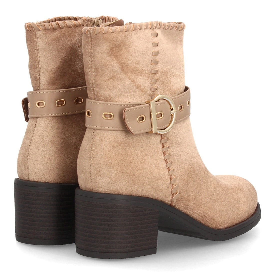 Botines Casual de Mujer con Tira, Hebilla y Ojales Decorativos -Kaki
