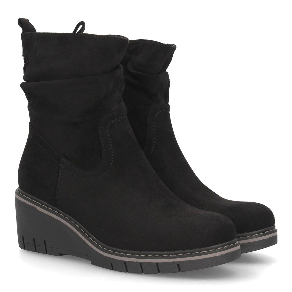 Botines de Mujer con Cuña, Caña Fruncida y Suela Dentada -Negro