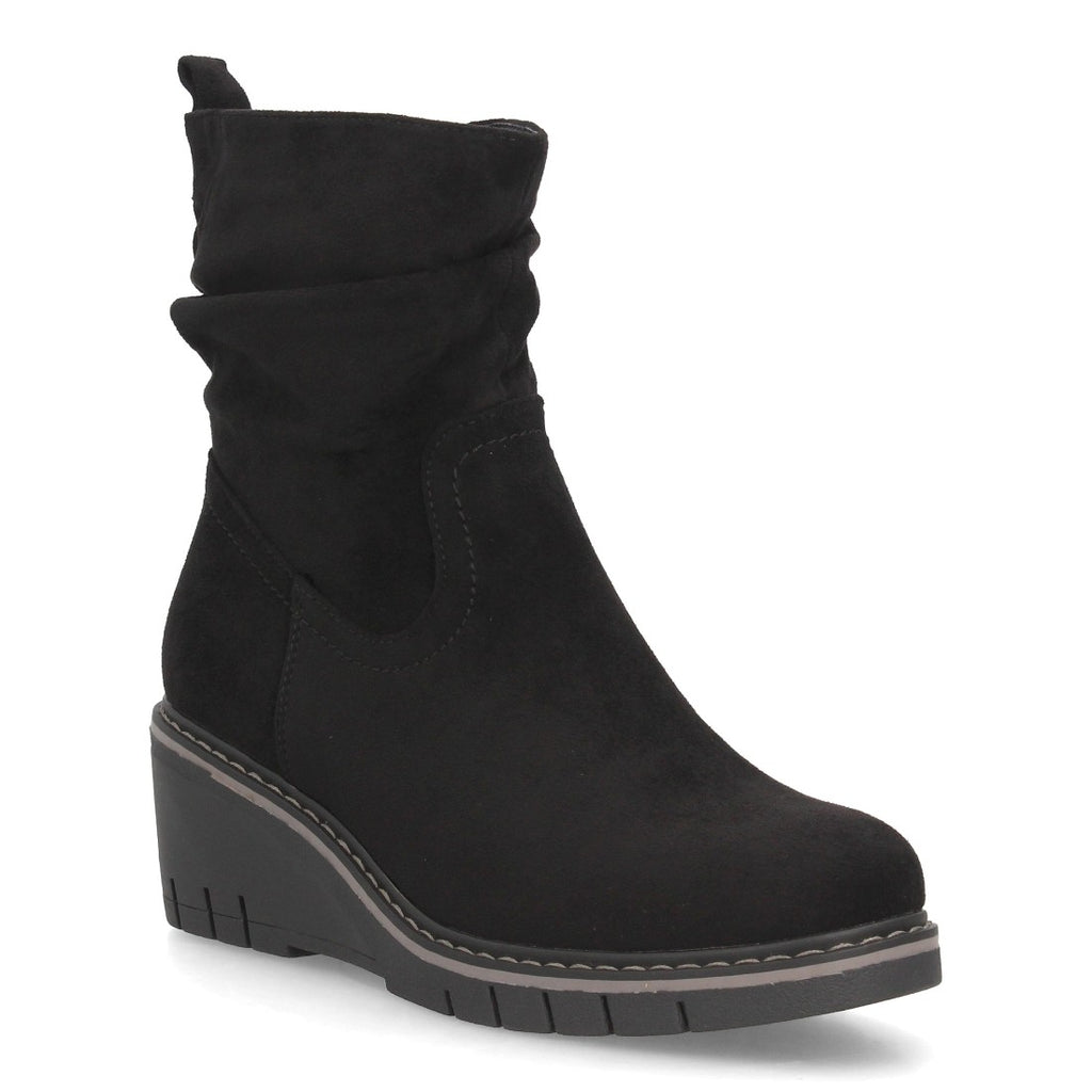 Botines de Mujer con Cuña, Caña Fruncida y Suela Dentada -Negro