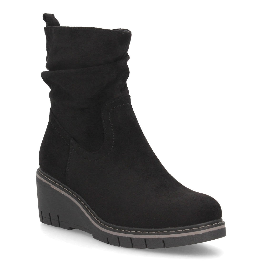 Botines de Mujer con Cuña, Caña Fruncida y Suela Dentada -Negro
