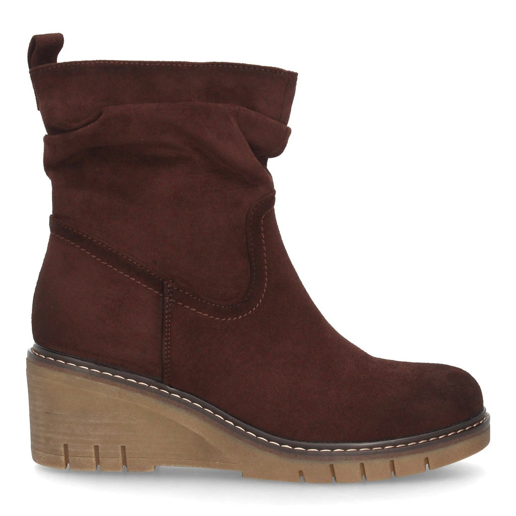 Botines de Mujer con Cuña, Caña Fruncida y Suela Dentada -Marron