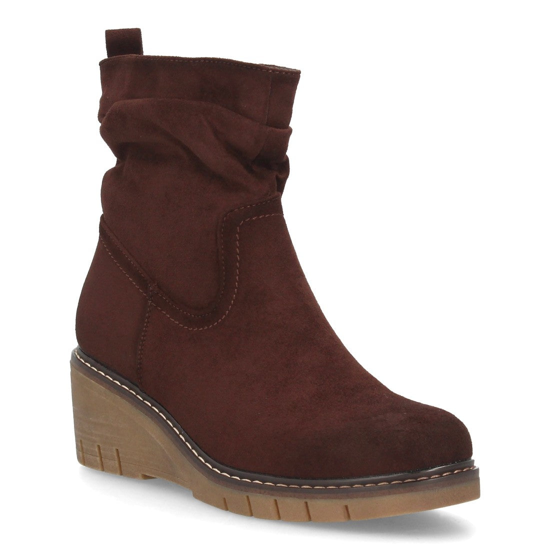 Botines de Mujer con Cuña, Caña Fruncida y Suela Dentada -Marron