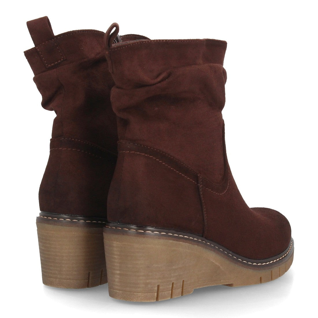 Botines de Mujer con Cuña, Caña Fruncida y Suela Dentada -Marron