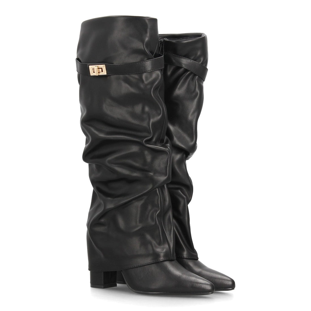 Botas Altas de Mujer con Caña Fruncida, Tacón Ancho y Punta Fina -Negro
