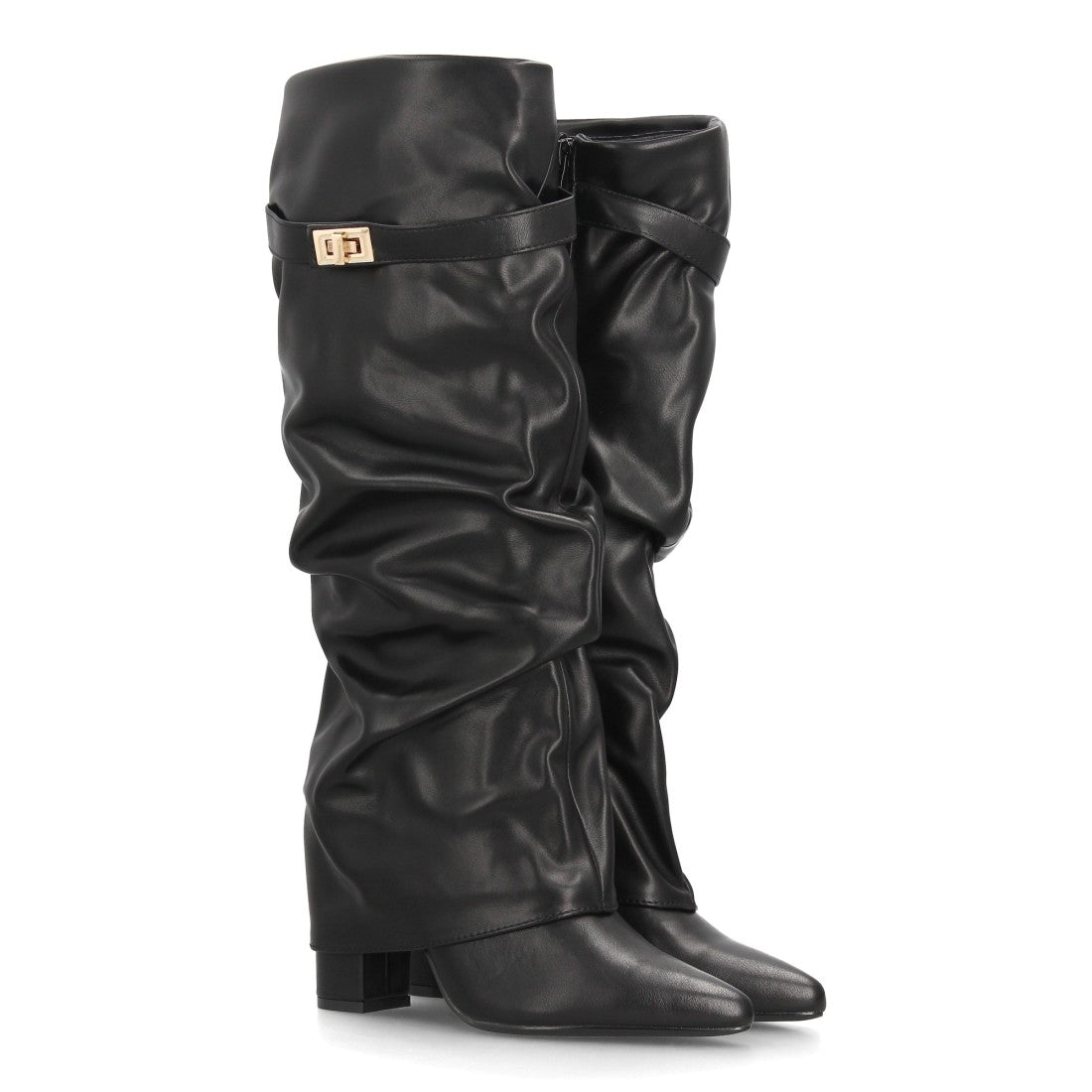 Botas Altas de Mujer con Caña Fruncida, Tacón Ancho y Punta Fina -Negro