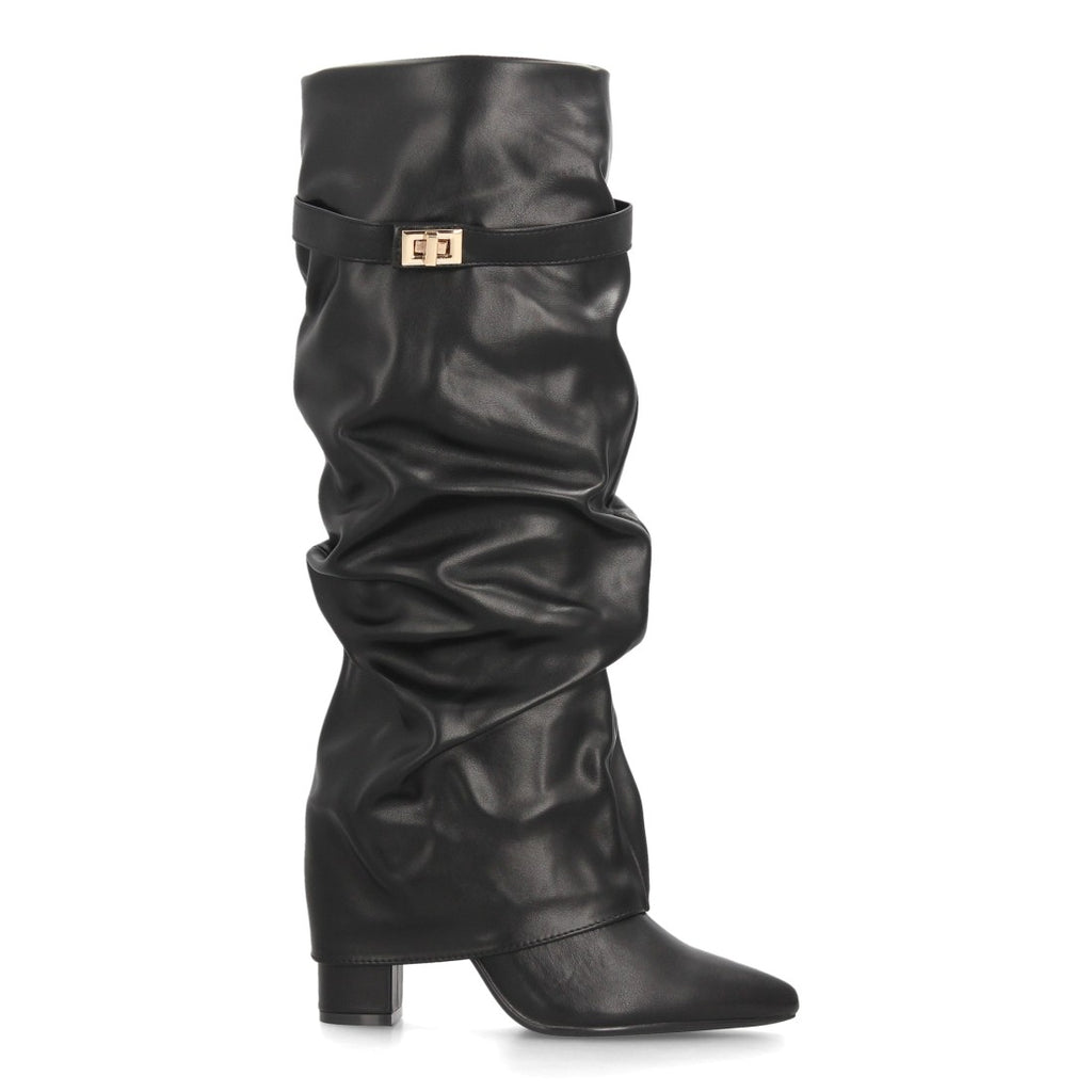 Botas Altas de Mujer con Caña Fruncida, Tacón Ancho y Punta Fina -Negro