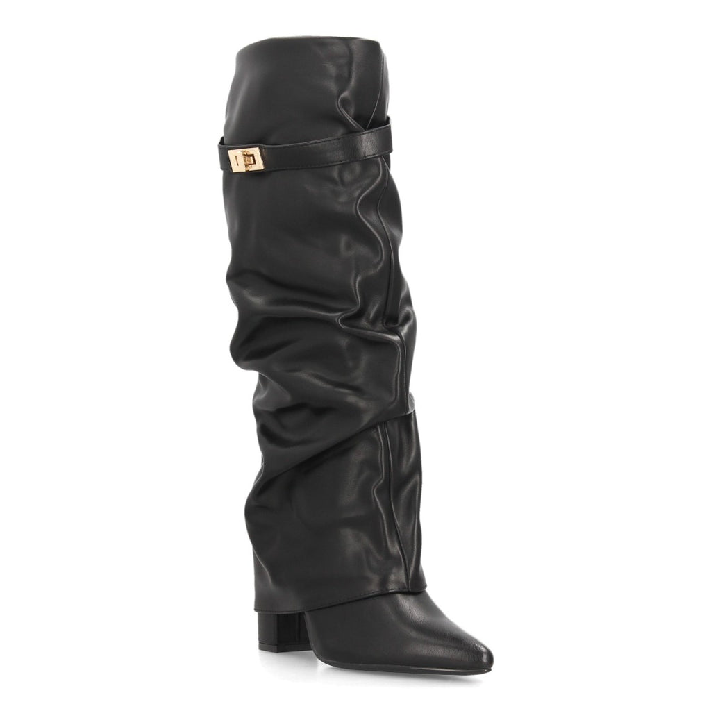 Botas Altas de Mujer con Caña Fruncida, Tacón Ancho y Punta Fina -Negro