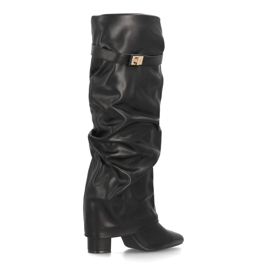 Botas Altas de Mujer con Caña Fruncida, Tacón Ancho y Punta Fina -Negro