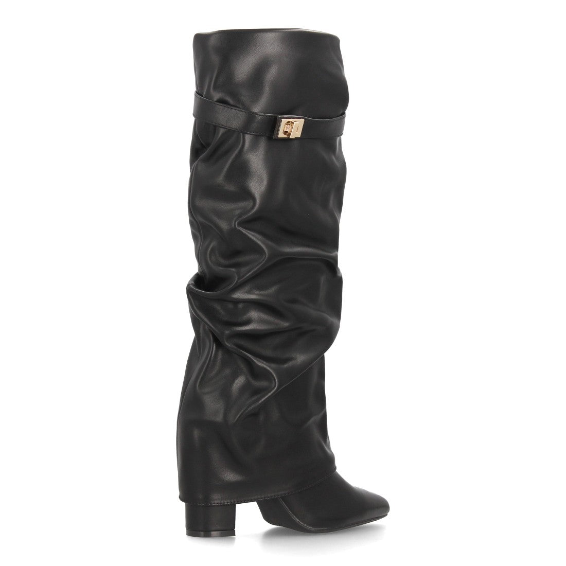 Botas Altas de Mujer con Caña Fruncida, Tacón Ancho y Punta Fina -Negro