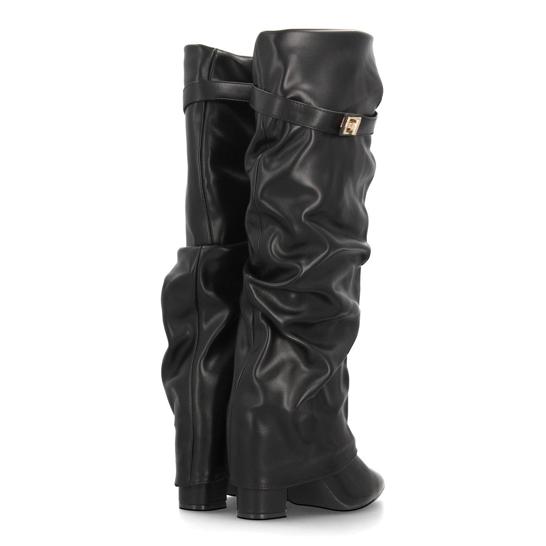 Botas Altas de Mujer con Caña Fruncida, Tacón Ancho y Punta Fina -Negro