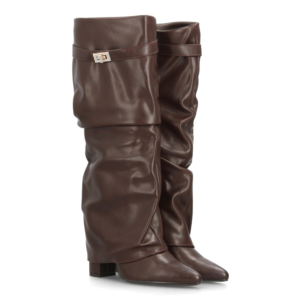 Botas Altas de Mujer con Caña Fruncida, Tacón Ancho y Punta Fina -Marron