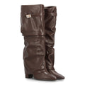 Botas Altas de Mujer con Caña Fruncida, Tacón Ancho y Punta Fina -Marron