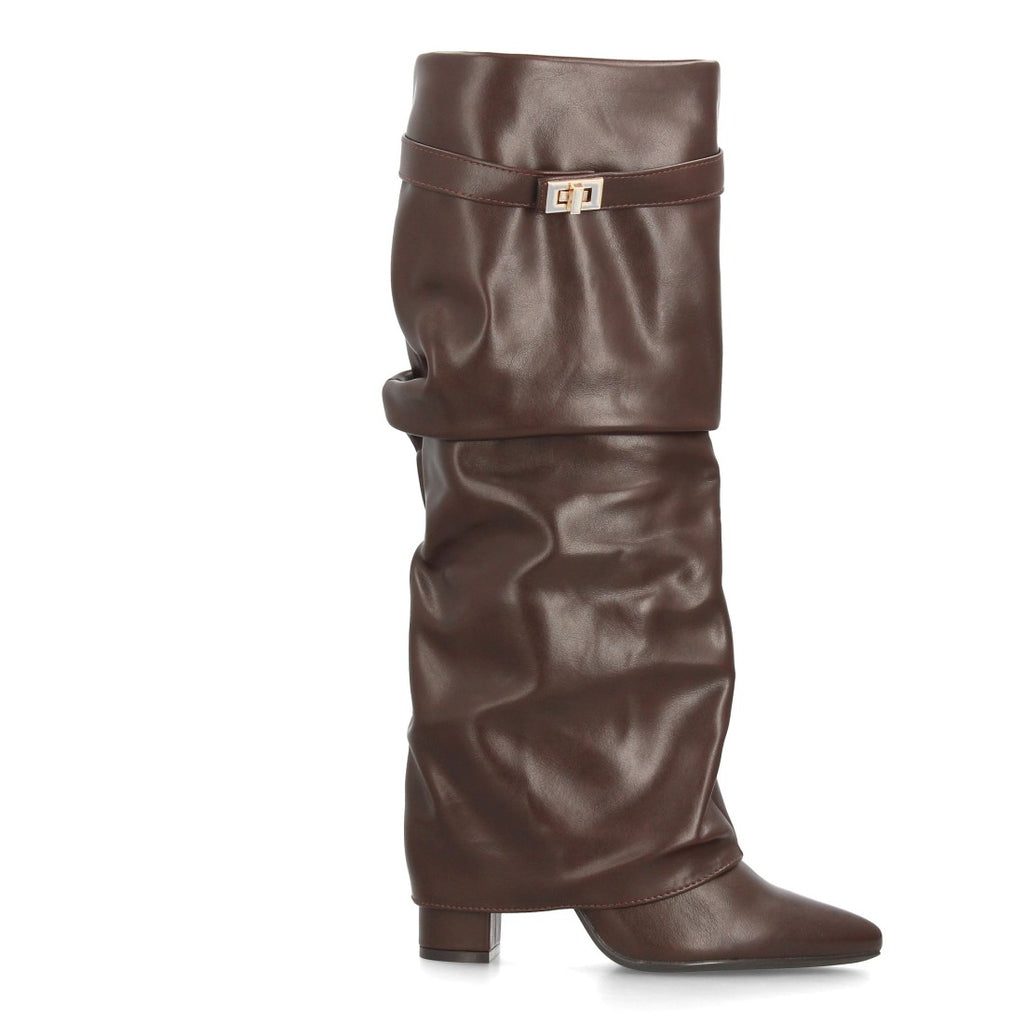 Botas Altas de Mujer con Caña Fruncida, Tacón Ancho y Punta Fina -Marron