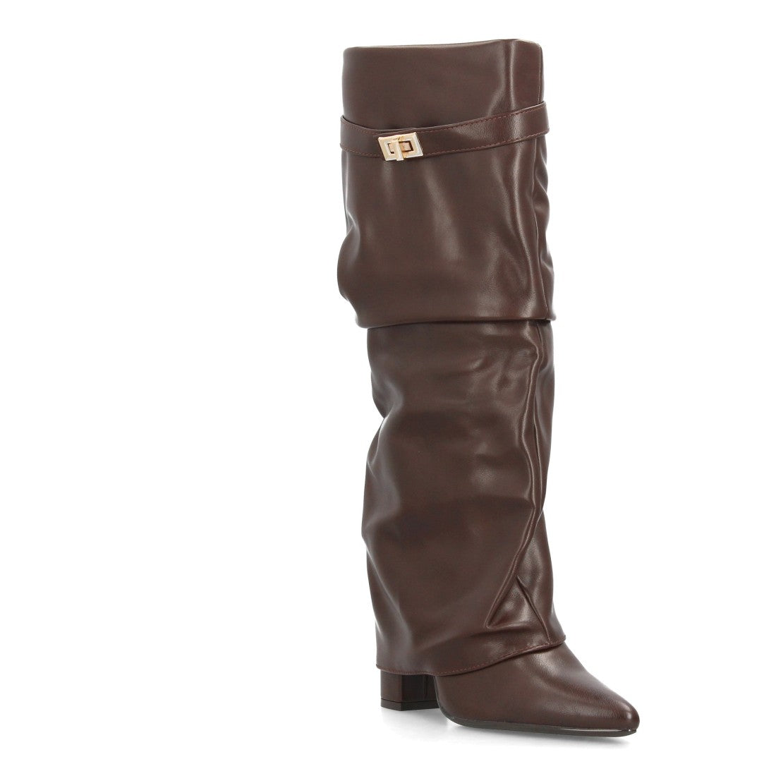 Botas Altas de Mujer con Caña Fruncida, Tacón Ancho y Punta Fina -Marron