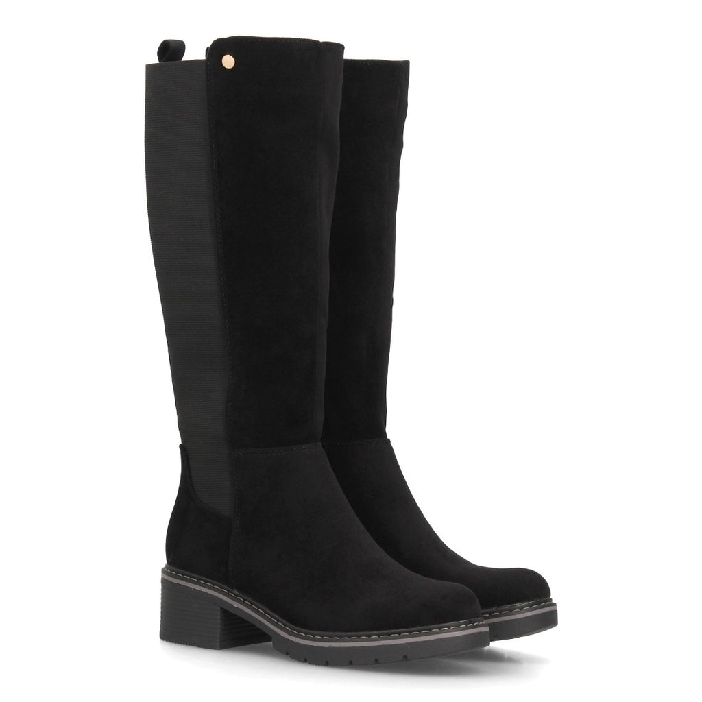 Botas Altas de Mujer Estilo Ecuestre con Panel Elástico y Cremallera -Negro