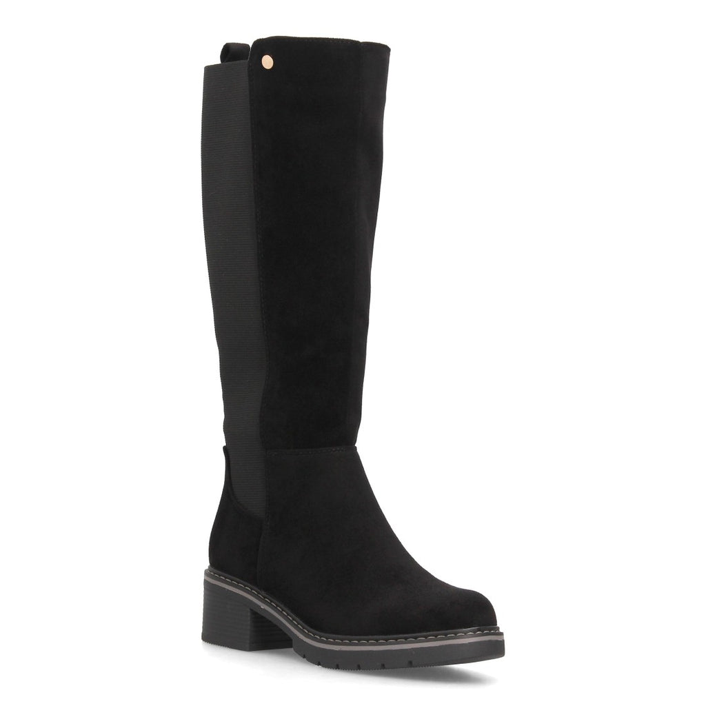Botas Altas de Mujer Estilo Ecuestre con Panel Elástico y Cremallera -Negro