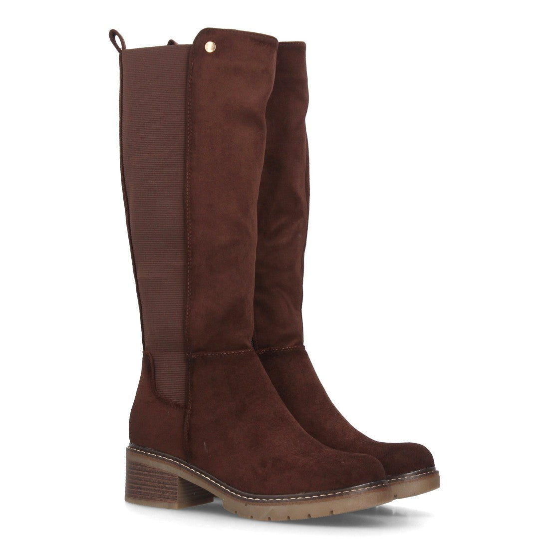 Botas Altas de Mujer Estilo Ecuestre con Panel Elástico y Cremallera -Marron