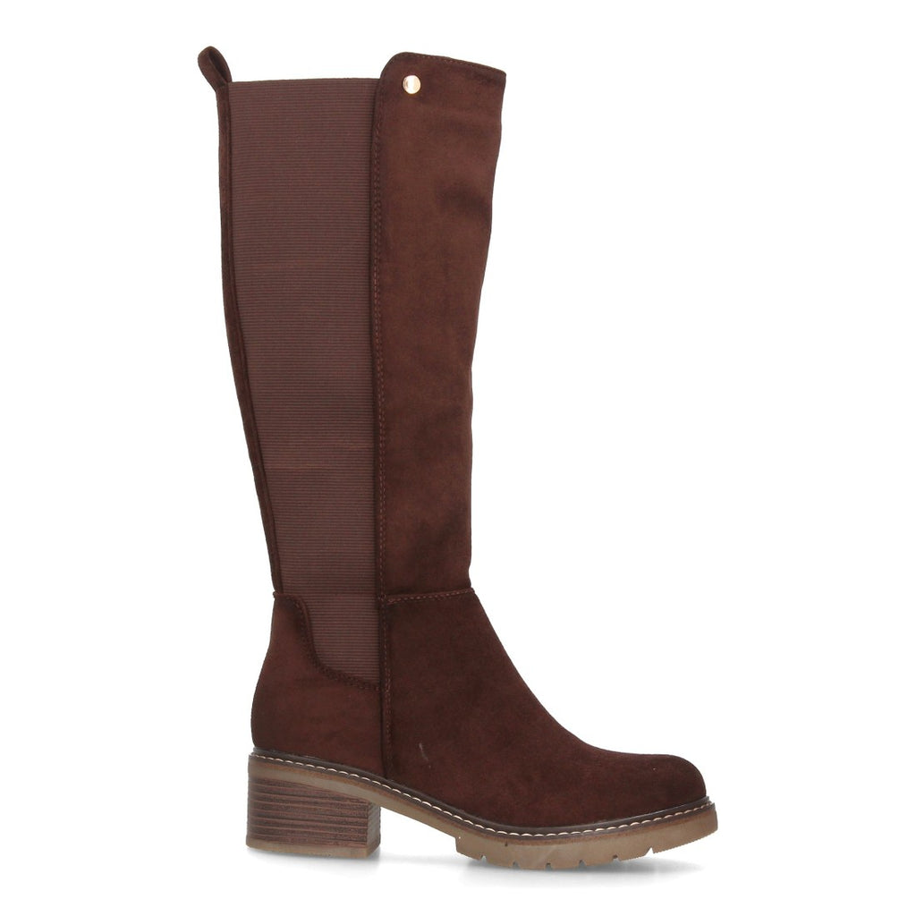 Botas Altas de Mujer Estilo Ecuestre con Panel Elástico y Cremallera -Marron