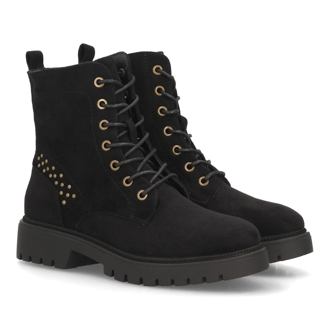Botines Militares de Mujer con Tacón Ancho, Cordones y Cremallera -Negro
