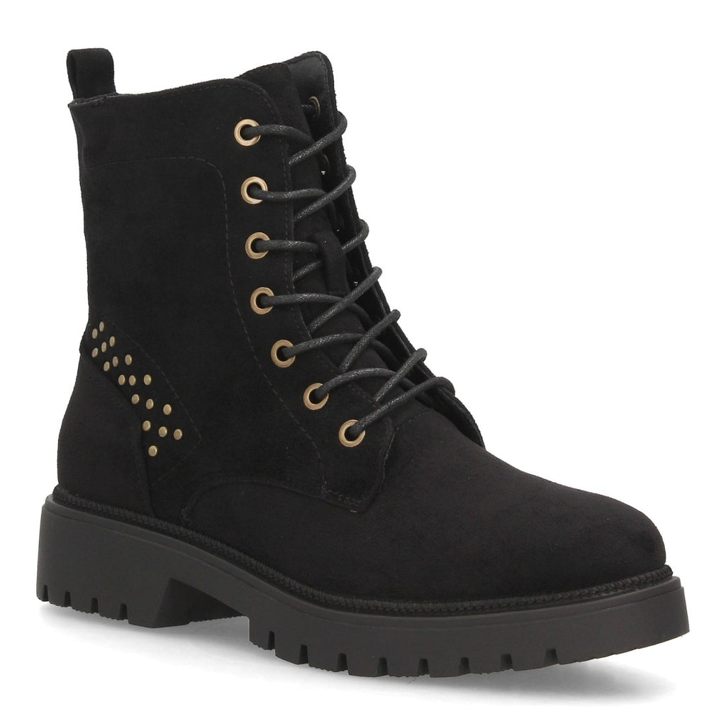 Botines Militares de Mujer con Tacón Ancho, Cordones y Cremallera -Negro