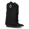 Botas Altas Cowboy de Mujer con Tacón Ancho y Caña Grabada -Negro