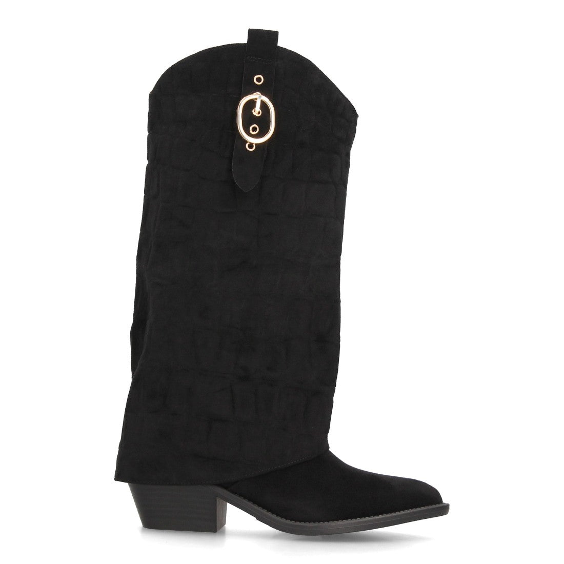 Botas Altas Cowboy de Mujer con Tacón Ancho y Caña Grabada -Negro