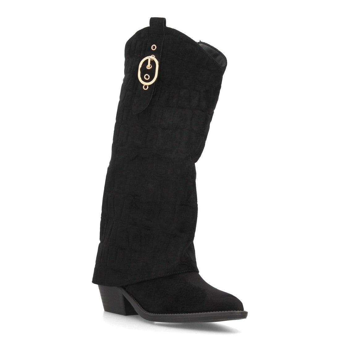 Botas Altas Cowboy de Mujer con Tacón Ancho y Caña Grabada -Negro