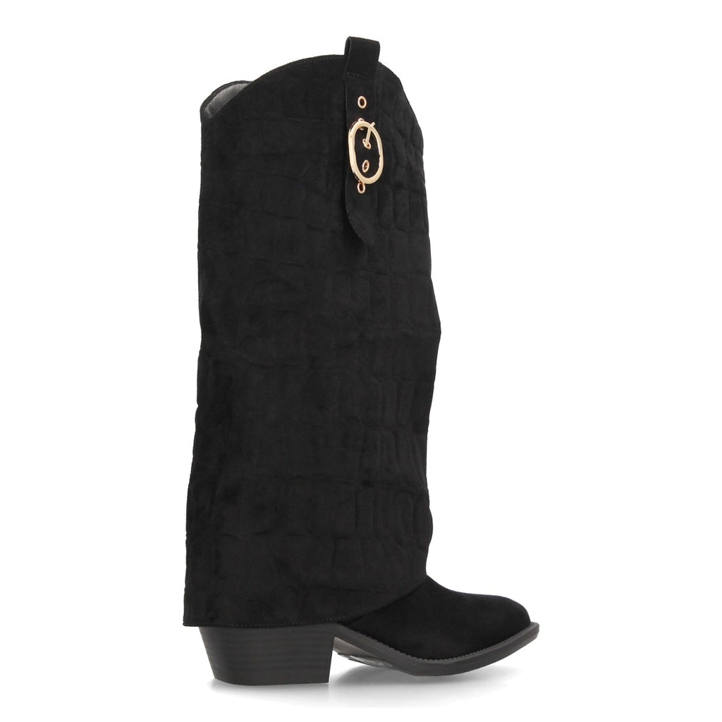 Botas Altas Cowboy de Mujer con Tacón Ancho y Caña Grabada -Negro