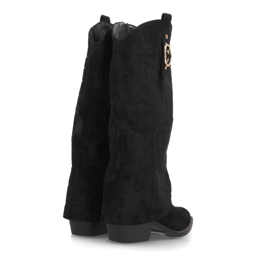 Botas Altas Cowboy de Mujer con Tacón Ancho y Caña Grabada -Negro