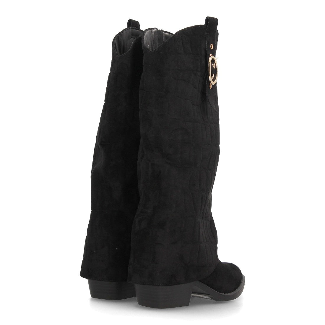 Botas Altas Cowboy de Mujer con Tacón Ancho y Caña Grabada -Negro