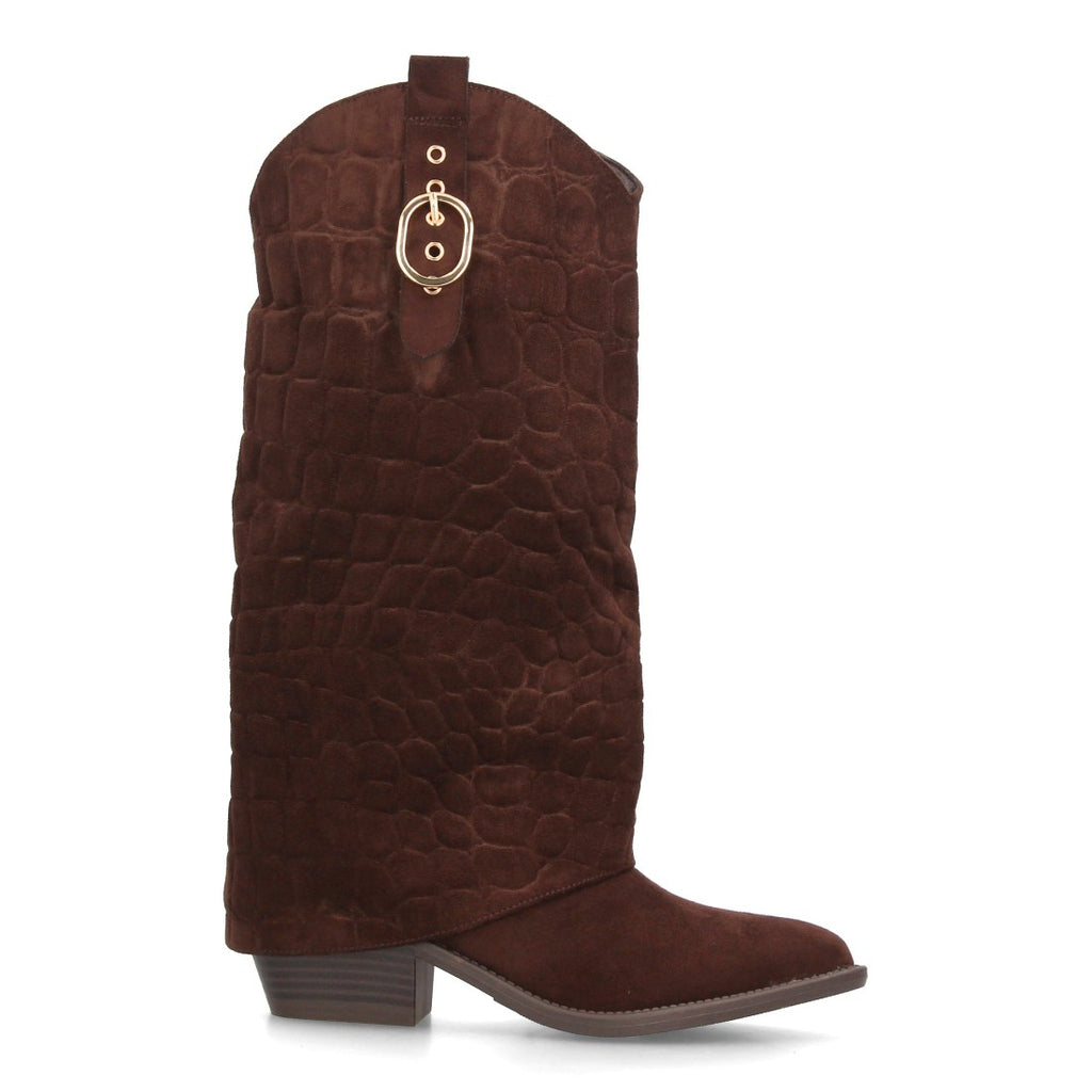 Botas Altas Cowboy de Mujer con Tacón Ancho y Caña Grabada -Marron