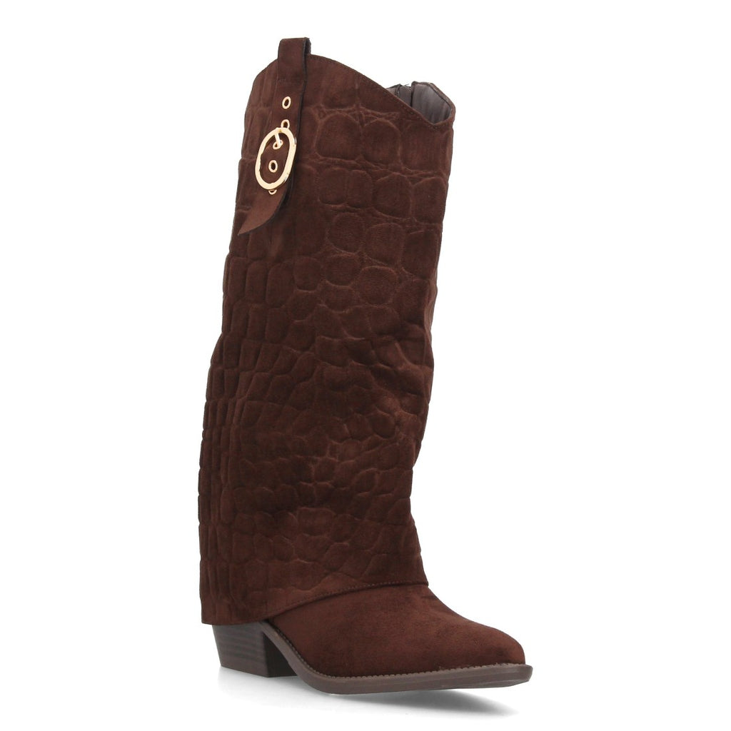 Botas Altas Cowboy de Mujer con Tacón Ancho y Caña Grabada -Marron