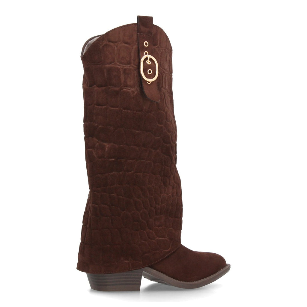 Botas Altas Cowboy de Mujer con Tacón Ancho y Caña Grabada -Marron