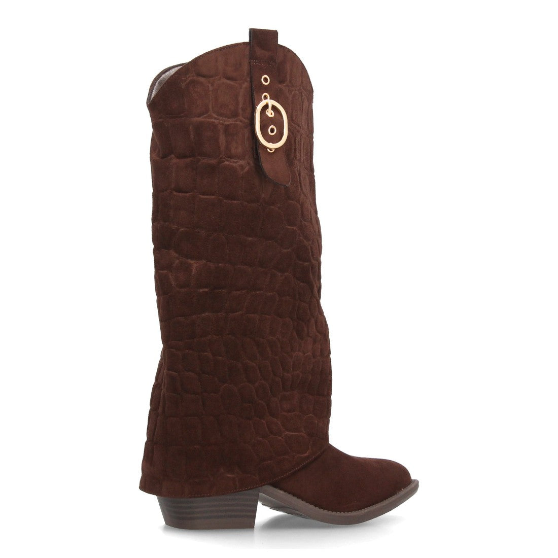 Botas Altas Cowboy de Mujer con Tacón Ancho y Caña Grabada -Marron